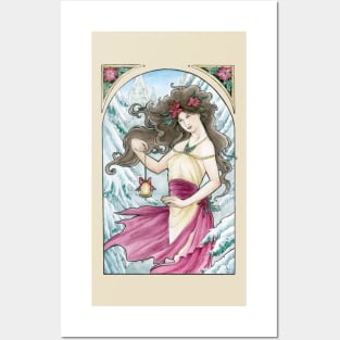 Holiday Art Nouveau Woman with Bell and Poinsettia in the Snow - Spirits of Winter Series Posters and Art